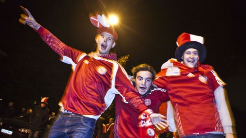 Danish football fans in red-white shirts and hats